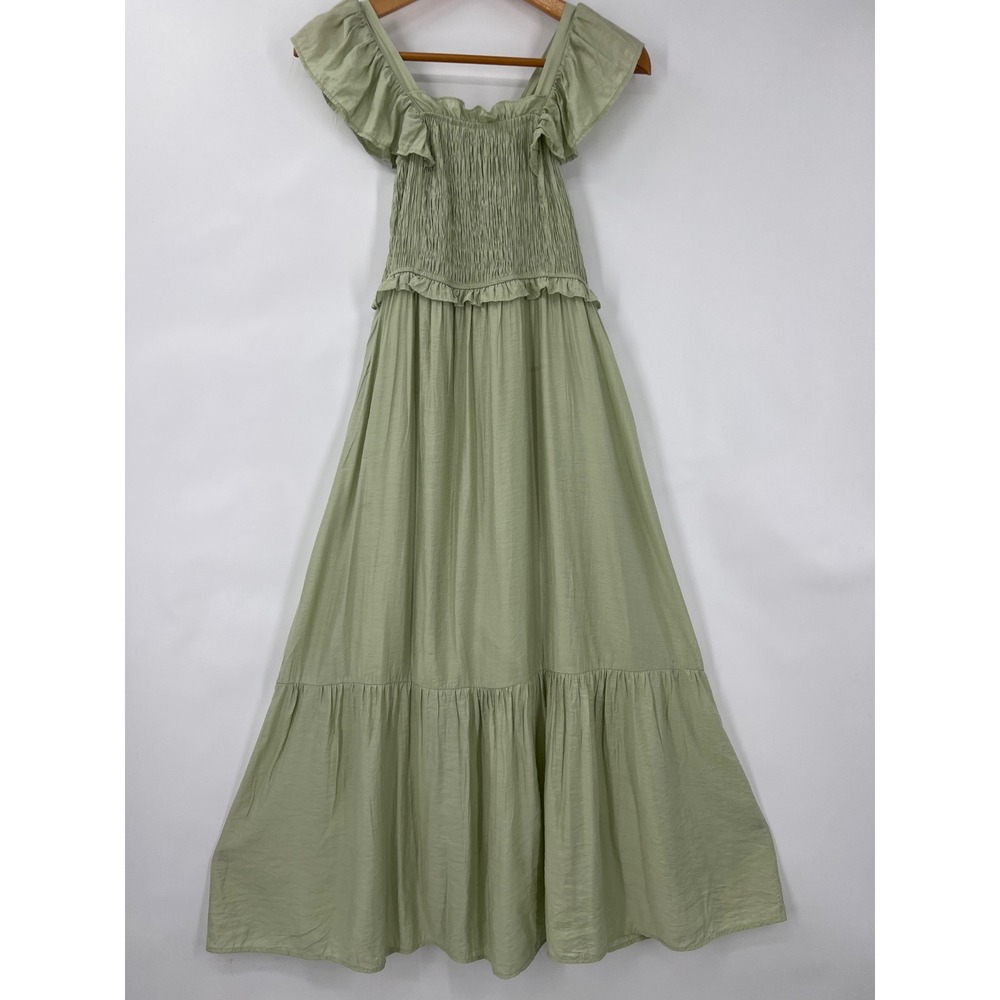 Moon River‎ Sage Green Smocked Ruffle Maxi Dress Womens S Tiered Boho Prairie